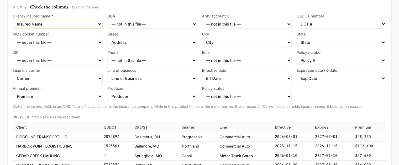 The Check the columns step of the book import, with the detected column mapping shown