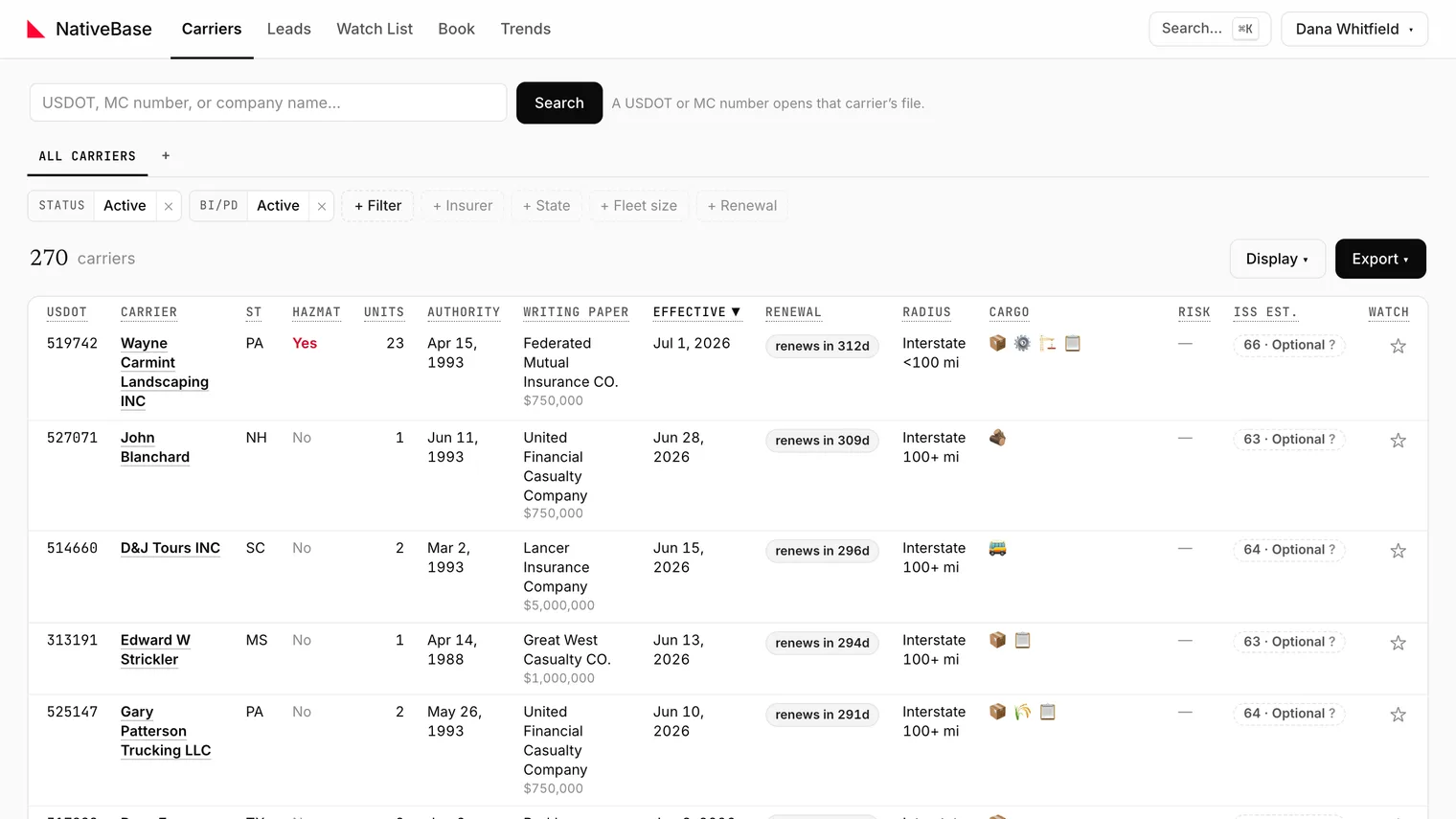 The Carriers grid on first load, with the search box and the All carriers view active
